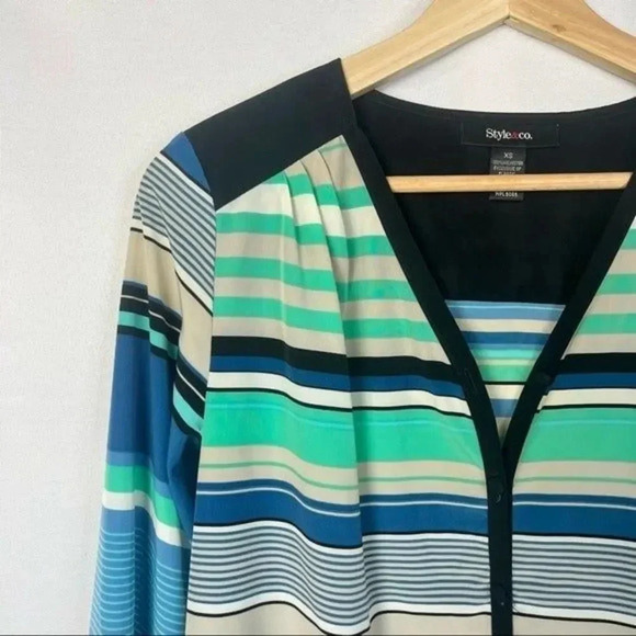 Style & Co Blue & Green Stripe Long Sleeve Blouse XS - Picture 3 of 4
